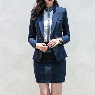 Set: Double-breasted Blazer + Mini Pencil Skirt / Dress Pants + Contrast Trim Shirt