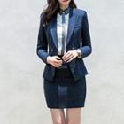 Set: Double-breasted Blazer + Mini Pencil Skirt / Dress Pants + Contrast Trim Shirt
