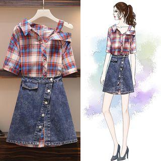 Cold-shoulder Short-sleeve Plaid Shirtdress / Mini Denim Skirt