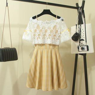 Set: Check Strappy A-line Dress + Lace Cover-up Top