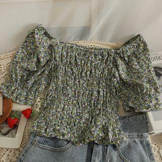 Off-shoulder Smocked Floral Crop Top Green - One Size