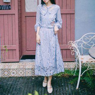 Set: Embroidered Long Sleeve Ribbon Accent Lace Top + High-waist Lace Skirt