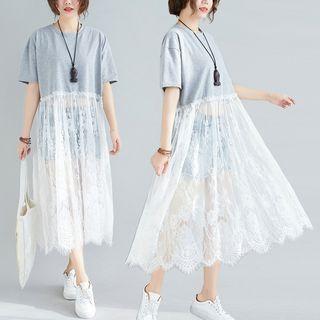Plain Round-neck Short-sleeve Panel Lace Dress