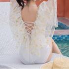3/4-sleeve Star Print Mesh Panel Swimsuit