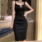 Buttoned Spaghetti Strap Sheath Dress Black - One Size