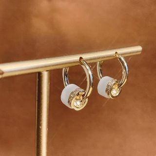 Faux Cat Eye Stone Alloy Hoop Earring 1 Pair - Gold & White - One Size