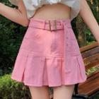 High-waist Belted Pleated Denim Mini A-line Skirt
