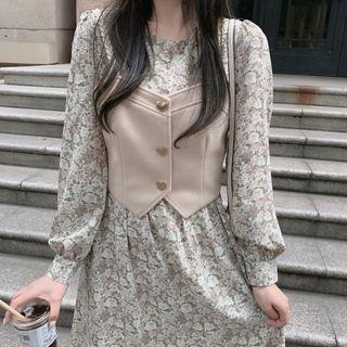 Plain Asymmetric Vest / Floral Puff-sleeve Dress