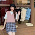 Sweater Vest / Short-sleeve T-shirt / Plaid A-line Skirt