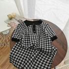 Polo-neck Plaid Short-sleeve Midi A-line Knit Dress Black - One Size