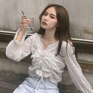 Long-sleeve Frill Trim Crinkled Drawstring Top White - One Size