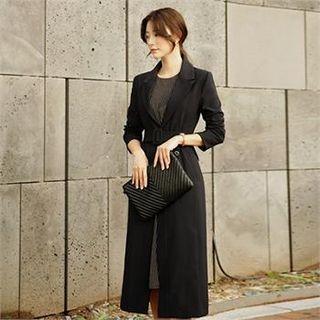 Peaked-lapel Open-front Long Coat With Belt