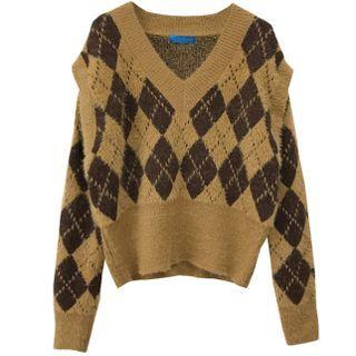 Detachable Sleeve Argyle Sweater Khaki - One Size