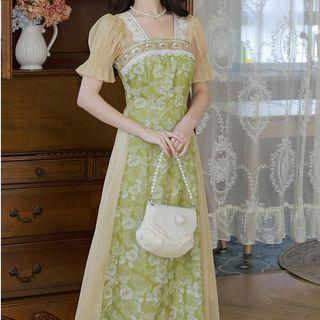 Puff-sleeve Floral Print Ruffle Trim Midi A-line Dress