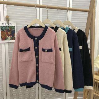 Round-neck Color Panel Long-sleeve Cardigan Sweater