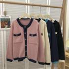 Round-neck Color Panel Long-sleeve Cardigan Sweater