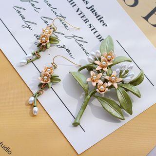 Faux Pearl Floral Dangle Earring / Brooch Clip On Earring - Green & Pink - One Size