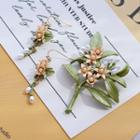 Faux Pearl Floral Dangle Earring / Brooch Clip On Earring - Green & Pink - One Size
