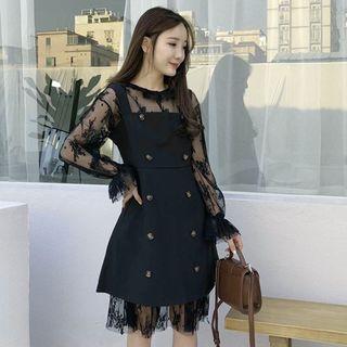Set: Long Sleeve Lace Dress + Double Breasted Pinafore Dress