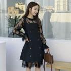 Set: Long Sleeve Lace Dress + Double Breasted Pinafore Dress
