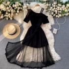 Short-sleeve One-shoulder Mesh Dress Black - One Size