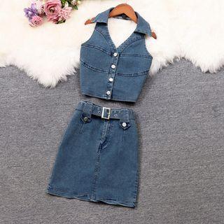 Set: Halter Denim Camisole Top + Belted Mini Skirt