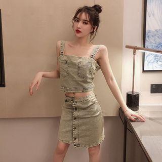 Set: Irregular Denim Camisole Top + Buttoned Denim Skirt