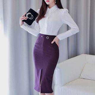 Set: Long-sleeve Shirt + Slit Pencil Skirt