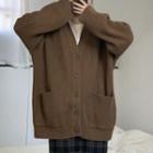 Ribbed Knit V-neck Cardigan Coffee - One Size