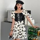 Mock Two-piece Puff-sleeve Faux Leather Panel Butterfly Print Lace-up Mini A-line Dress