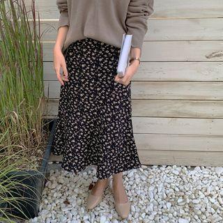 Band-waist Floral Swing Skirt Black - One Size