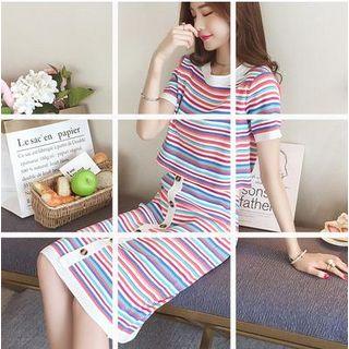 Set: Short-sleeve Knit Top + Knit Midi Skirt