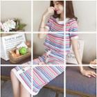 Set: Short-sleeve Knit Top + Knit Midi Skirt