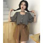 Puff Elbow-sleeve Blouse / Bow Wide Leg Shorts