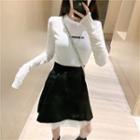 Set: Long-sleeve Lettering T-shirt + Paneled Mini A-line Skirt