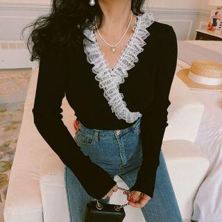 V-neck Lace Trim Knit Top Black - One Size