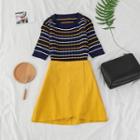 Striped Knit Top / A-line Wrapped Skirt