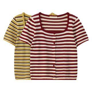 Short-sleeve Striped Button-up T-shirt