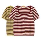 Short-sleeve Striped Button-up T-shirt
