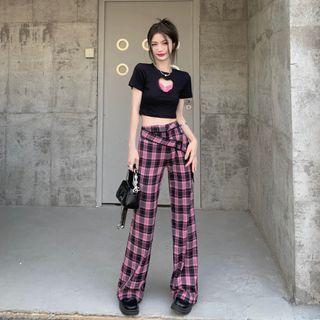Short-sleeve Cut-out Heart Crop T-shirt / High Waist Plaid Loose-fit Pants