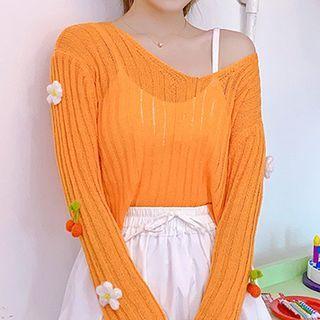 Long-sleeve Floral-accent Knit Top