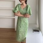 Puff-sleeve V-neck Floral Midi Sheath Dress Green - One Size