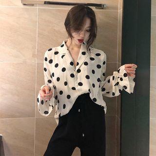 Set: Long Sleeve Dotted Blouse + Drawstring Wide-leg Pants