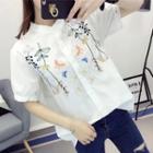 Embroidered Mandarin Collar Short-sleeve Shirt