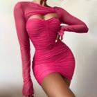 Long-sleeve Mesh Cut-out Mini Sheath Dress