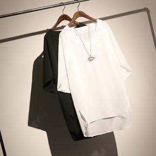 Elbow-sleeve V-neck Long Chiffon Top