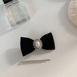 Set: Faux Pearl Bow Hair Clip + Rhinestone Hair Pin Set - Black - One Size
