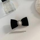 Set: Faux Pearl Bow Hair Clip + Rhinestone Hair Pin Set - Black - One Size