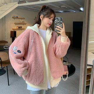 Mock Two-piece Lettering Hooded Zip Fleece Jacket