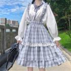 Long-sleeve Tie-neck Blouse / Tiered Plaid A-line Suspender Midi Skirt